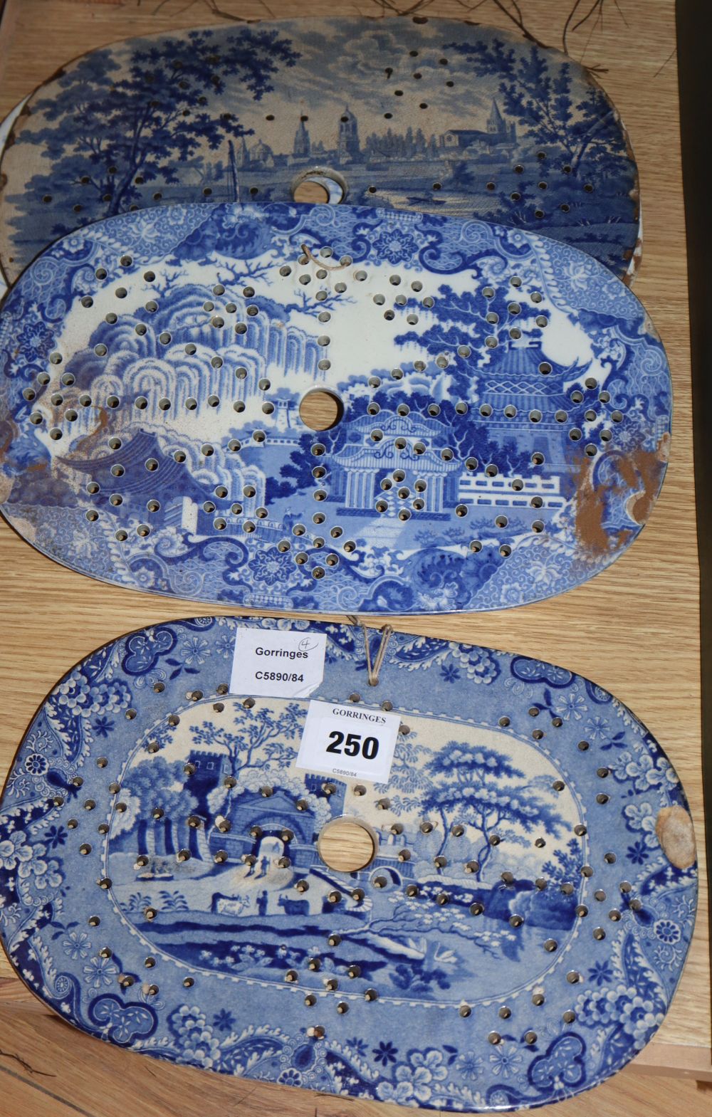 Four 19th century Staffordshire blue and white mazarines, longest 34cm